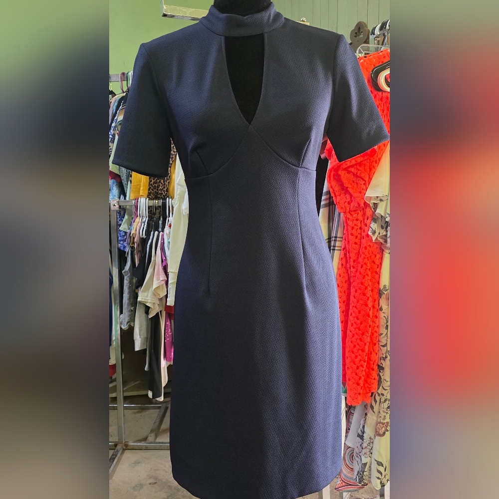 Trina Turk Navy Textured Midi Dress with Keyhole Neck